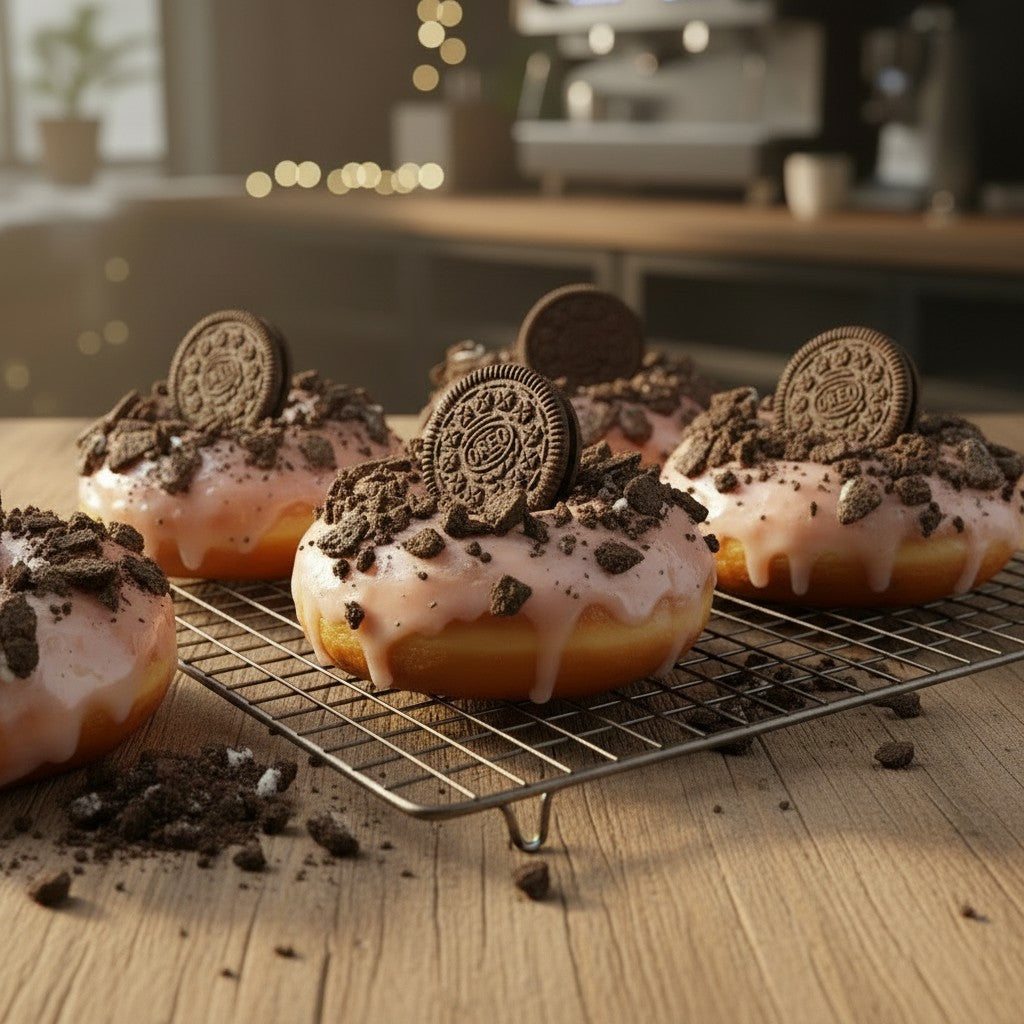 The Doughluxe Cookies and Cream donut with white glaze, crushed Oreos, and a whole Oreo on top.