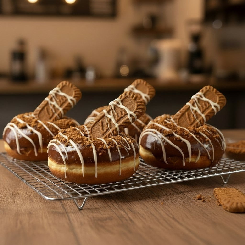 The Doughluxe Biscoff Crunch Donut with chocolate glaze, cookie crumble topping, and a Biscoff cookie.