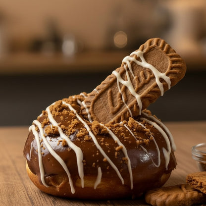 The Doughluxe Biscoff Crunch Donut with chocolate glaze, white icing drizzle, and crushed Biscoff cookie crumble topping.