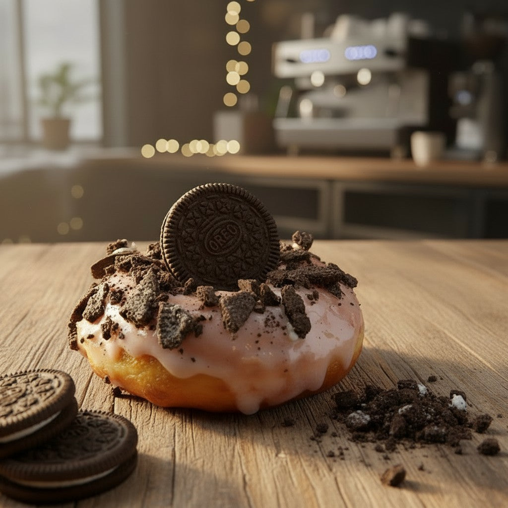 The Doughluxe Cookies and Cream donut with white glaze, crushed Oreos, and a whole Oreo on top.