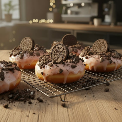 The Doughluxe Cookies and Cream donut with white glaze, crushed Oreos, and a whole Oreo on top.