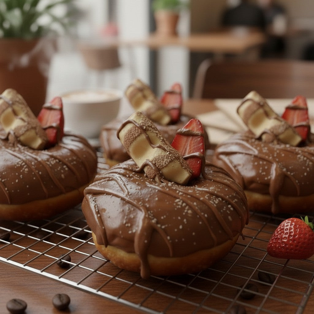 The Doughluxe Kinder Bueno donut with milk chocolate glaze, white chocolate drizzle, and Kinder Bueno pieces, garnished with strawberry slices.