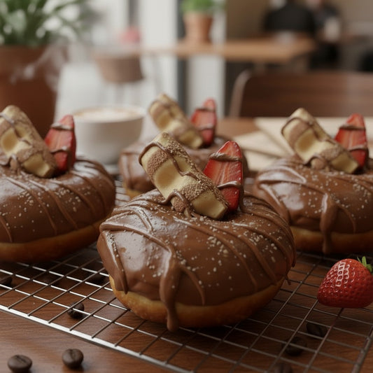 The Doughluxe Kinder Bueno donut with milk chocolate glaze, white chocolate drizzle, and Kinder Bueno pieces, garnished with strawberry slices.