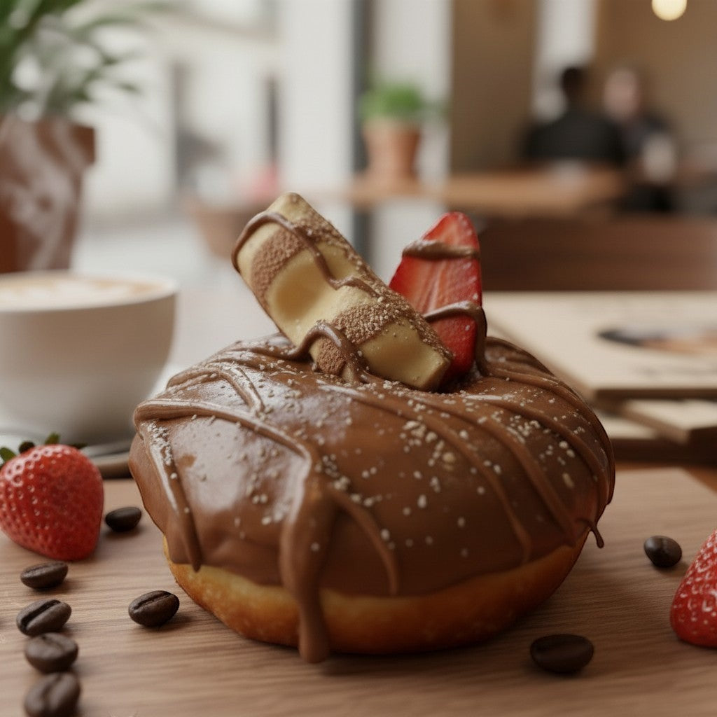 The Doughluxe Kinder Bueno donut with milk chocolate glaze, white chocolate drizzle, strawberries, and coffee.