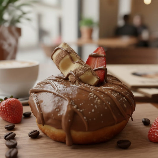 The Doughluxe Kinder Bueno donut with milk chocolate glaze, white chocolate drizzle, strawberries, and coffee.