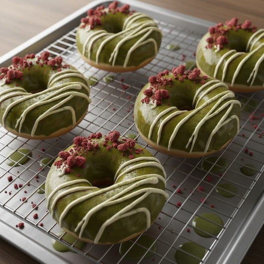 The Doughluxe Matcha White Chocolate Donut with green matcha glaze, white chocolate drizzle, and red crumble topping on a wooden surface.