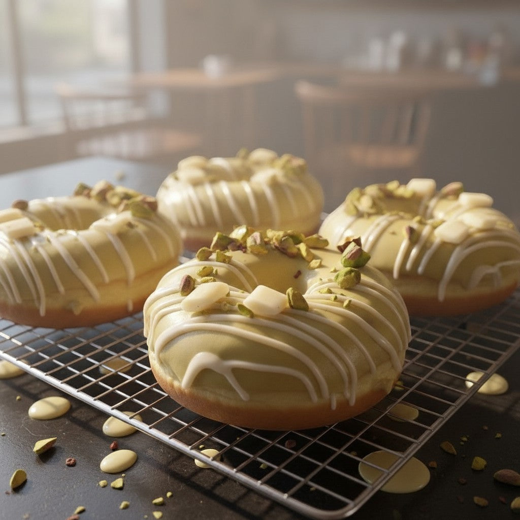 The Doughluxe Pistachio White Chocolate Drizzled Donut with chopped pistachios and white chocolate cubes.