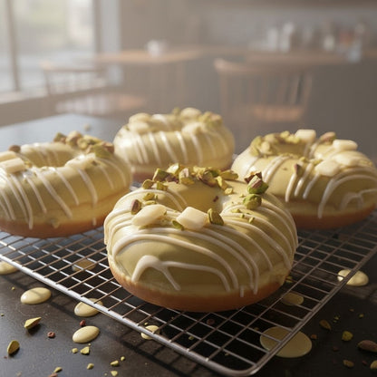The Doughluxe Pistachio White Chocolate Drizzled Donut with chopped pistachios and white chocolate cubes.
