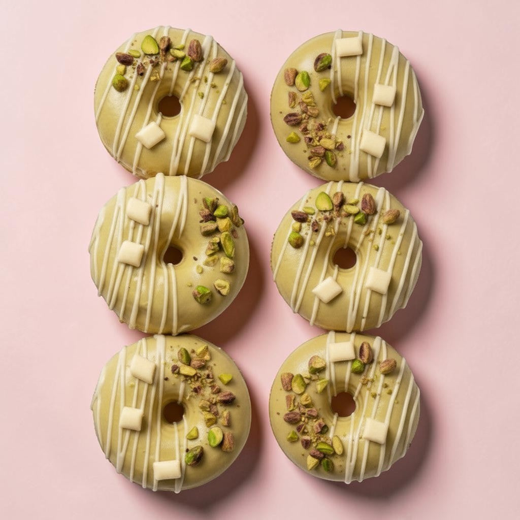 The Doughluxe Pistachio Cream Donut with white drizzle, crushed pistachios, and white chocolate squares.