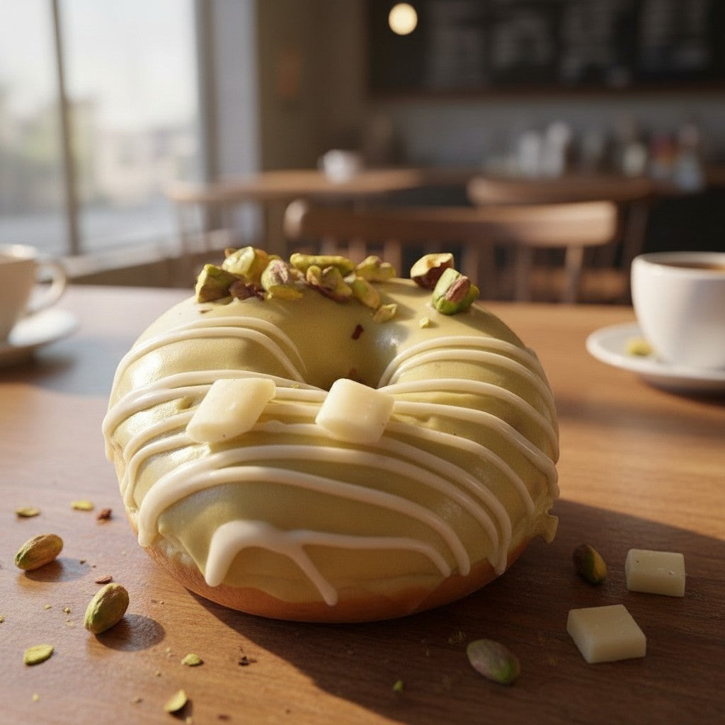 The Doughluxe Pistachio White Chocolate Drizzled Donut, pale green icing, white chocolate drizzle, chopped pistachios, and white chocolate cubes.
